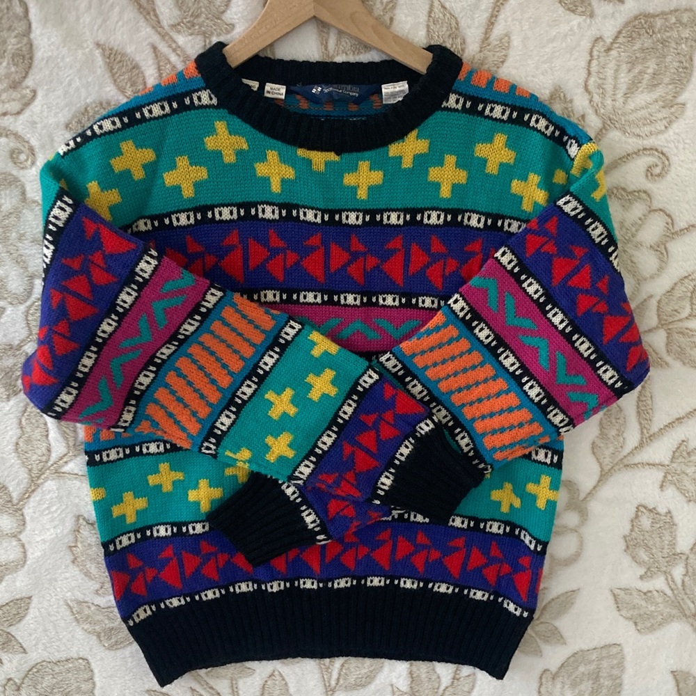VTG Columbia Y2K Preppy 100% Wool Fair Isle Abstract Print Sweater Multicolor L